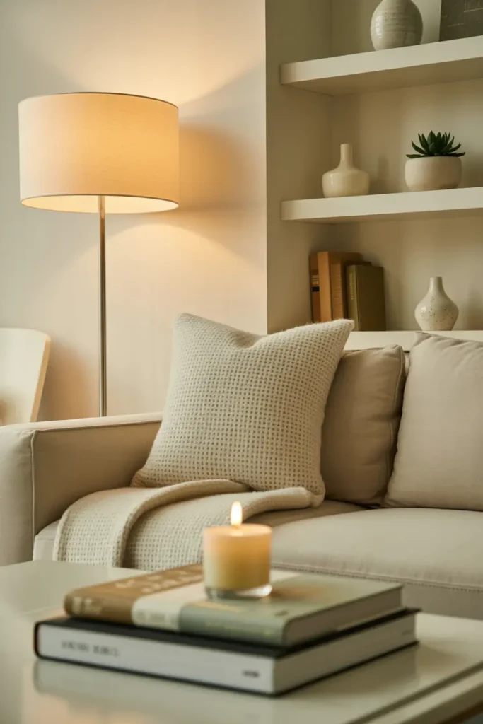 Salon cocooning épuré avec table basse minimaliste, rangements discrets et éclairage doux.