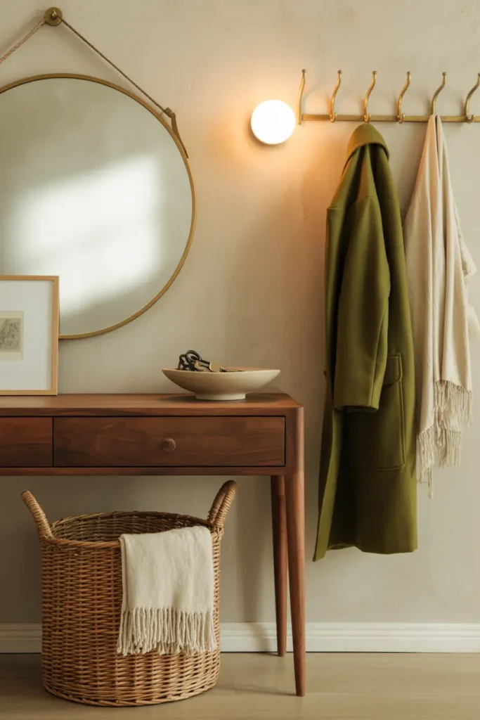Entrée cocooning harmonieuse avec console en bois, miroir rond et rangements intégrés discrets.