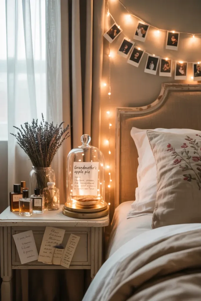Chambre cocooning intime avec recette de famille et souvenirs romantiques exposés