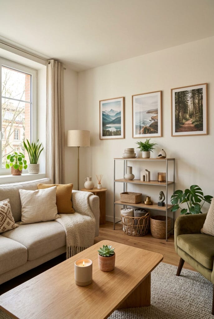 Table basse épurée cocooning avec livre, bougie et étagère minimaliste