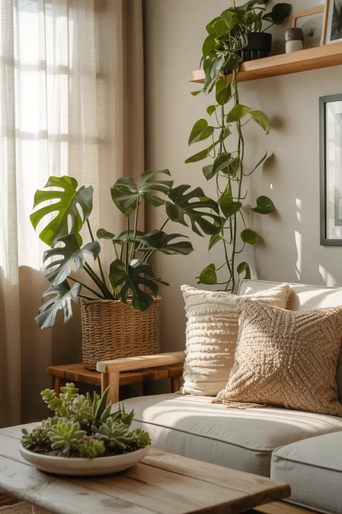 Salon cocooning avec jungle urbaine de plantes vertes et ambiance naturelle