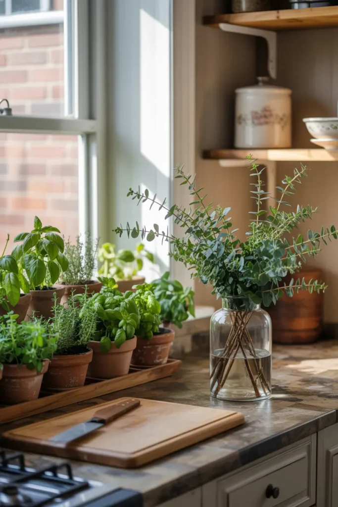 Cuisine cocooning avec jardin d'herbes aromatiques et touches végétales