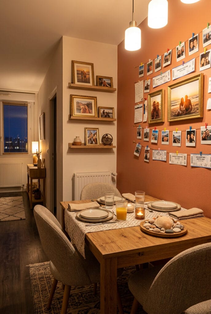 Mur des bonheurs cocooning avec cadres vintage et photos polaroïd