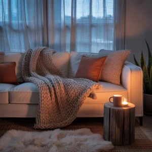 Ambiance cocooning chaleureuse avec canapé moelleux, plaids douillets, lumières tamisées et décor naturel