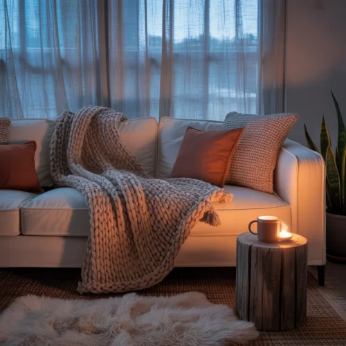 Ambiance cocooning chaleureuse avec canapé moelleux, plaids douillets, lumières tamisées et décor naturel