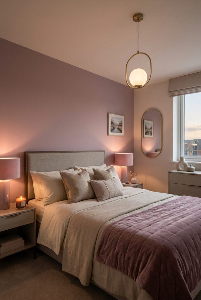 Idée déco chambre adulte couleur mauve, ambiance romantique et douce