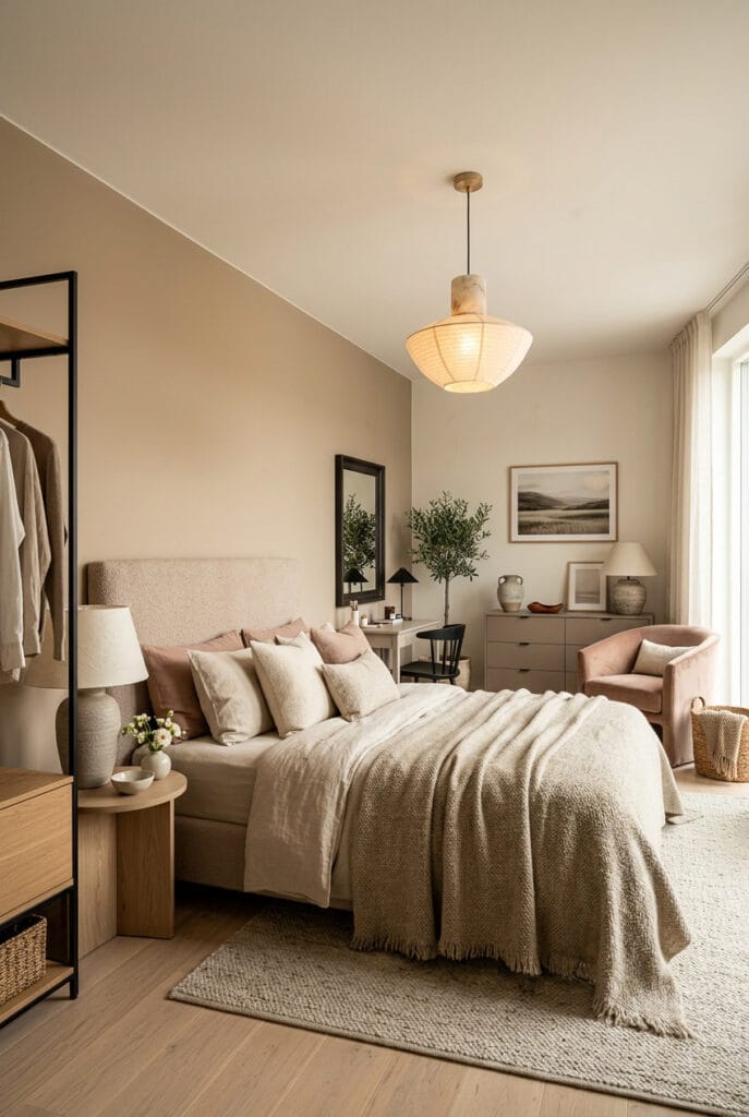 Couleur chambre adulte beige profond avec ambiance épurée et douce