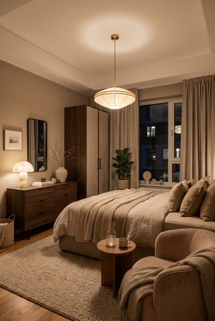 Chambre adulte beige taupe et sable, ambiance cosy et épurée