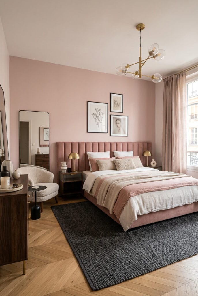 Couleur chambre adulte rose poudré avec ambiance sophistiquée et douce
