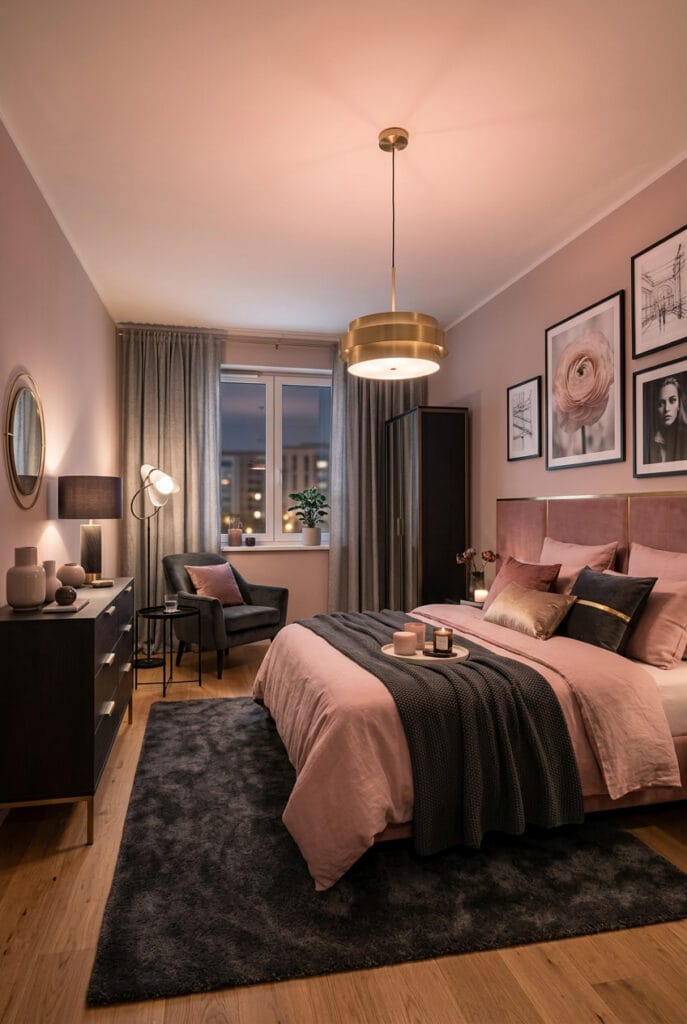 Chambre adulte rose poudré et anthracite, ambiance cosy et chic