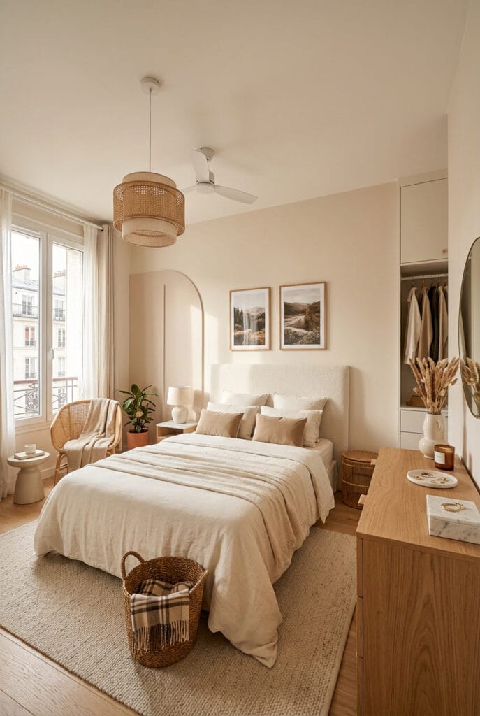 Couleur chambre adulte blanc cassé avec ambiance lumineuse et douce