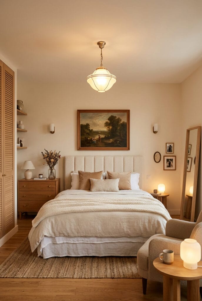 Chambre adulte blanc cassé et lin ivoire, ambiance cosy et claire