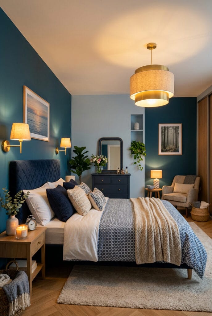 Chambre adulte bleu nuit et bleu pastel, ambiance cosy et zen
