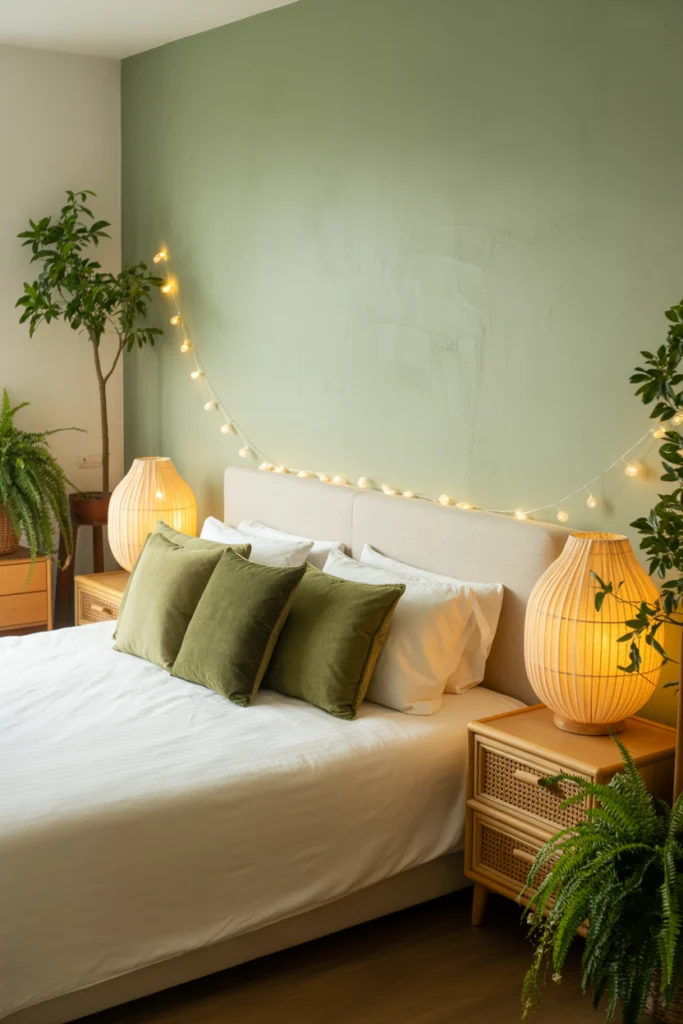 Chambre adulte vert sauge avec mobilier bois clair et plantes pour ambiance végétale zen
