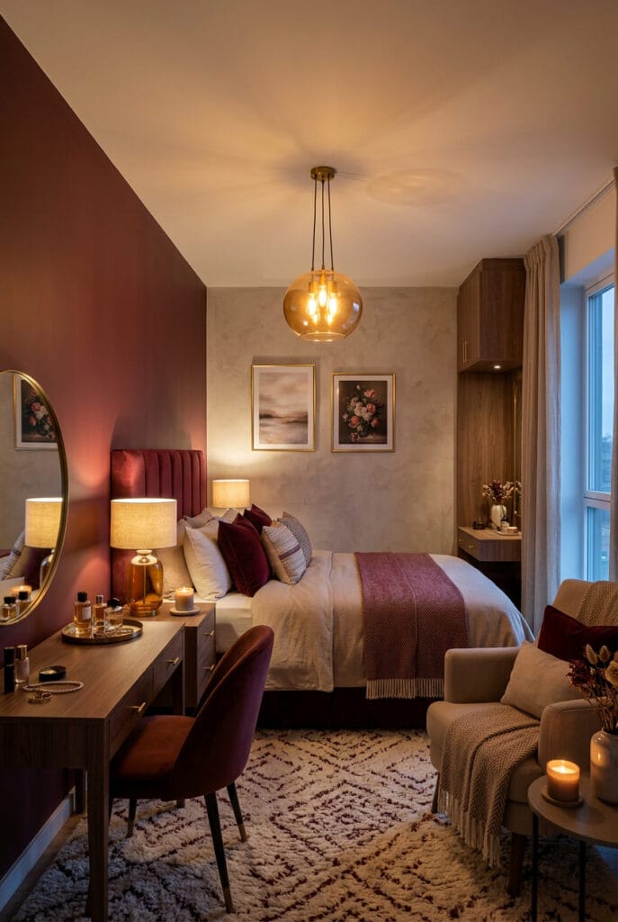 Chambre adulte bordeaux et grenat, ambiance cosy et automnale