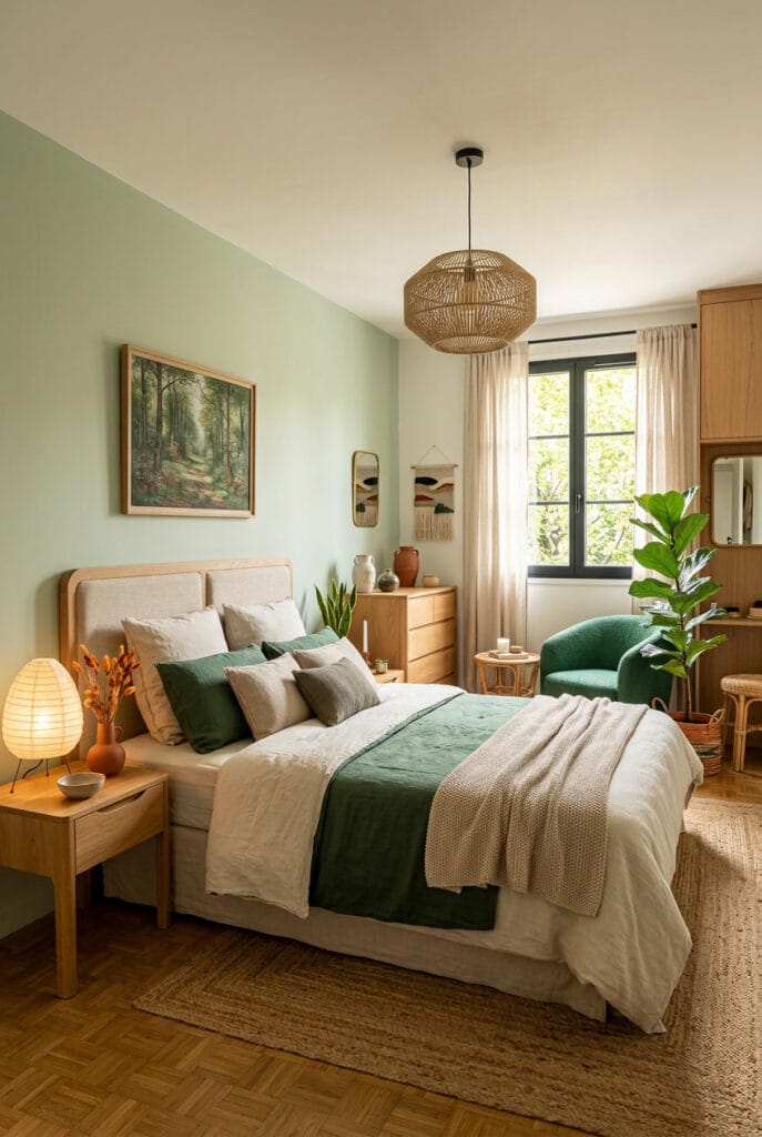 Couleur chambre adulte vert naturel avec ambiance zen et végétale