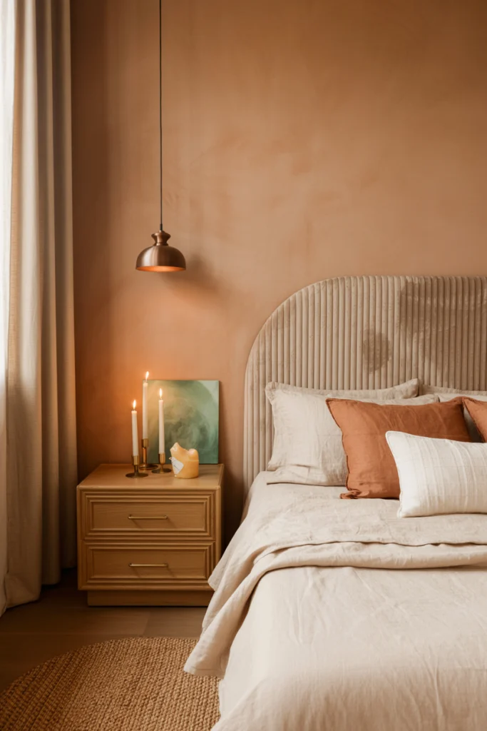 Chambre adulte terre cuite avec velours beige et éclairage doré pour ambiance cosy