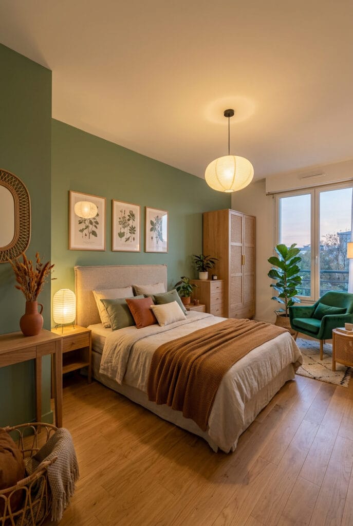 Idée déco chambre adulte couleur vert, ambiance zen et végétale