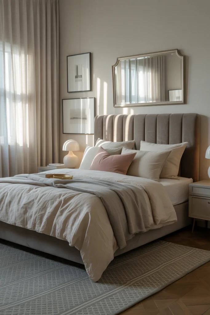 Chambre adulte gris perlé avec velours anthracite et éclairage doux pour ambiance zen élégante