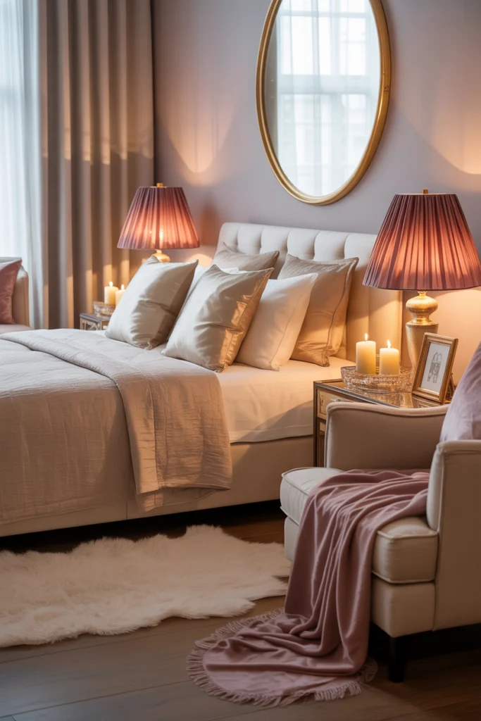 Chambre adulte mauve poudré avec touches dorées pour ambiance romantique et zen