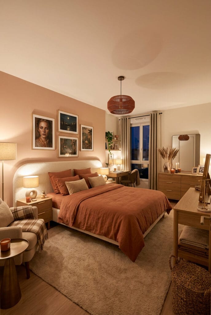 Chambre adulte terre cuite et beige, ambiance cosy et dorée