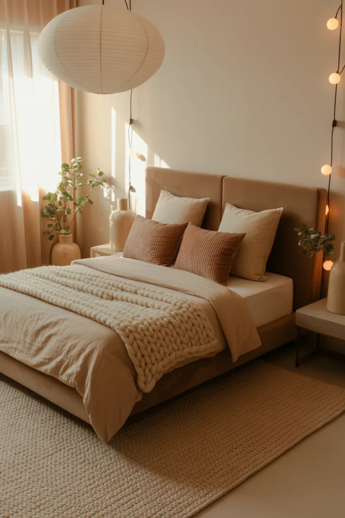 Chambre adulte beige taupe avec textures variées pour ambiance zen et minimaliste