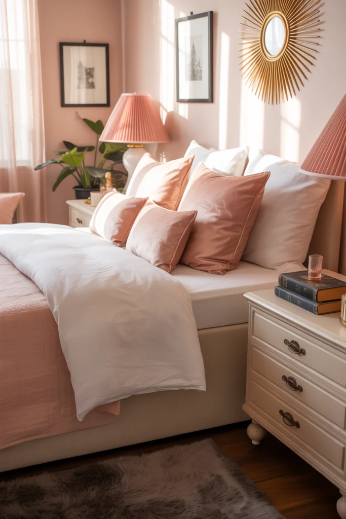 Chambre adulte rose poudré avec accents dorés et gris anthracite pour ambiance sophistiquée