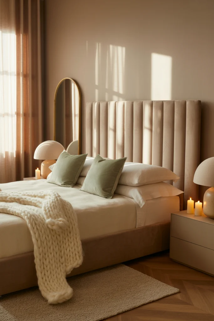 Chambre adulte taupe veloutée avec velours côtelé et accents dorés pour ambiance zen
