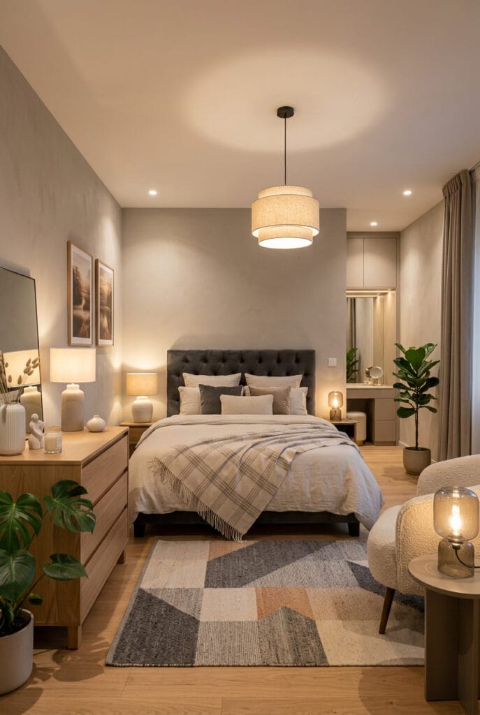 Chambre adulte gris anthracite et écru, ambiance cosy et chic