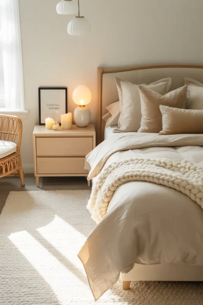Chambre adulte blanc cassé avec textures naturelles pour ambiance lumineuse et zen