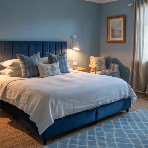 Chambre adulte apaisante en bleu canard avec tête de lit velours, parure de lit blanche et éclairage doux pour une ambiance zen