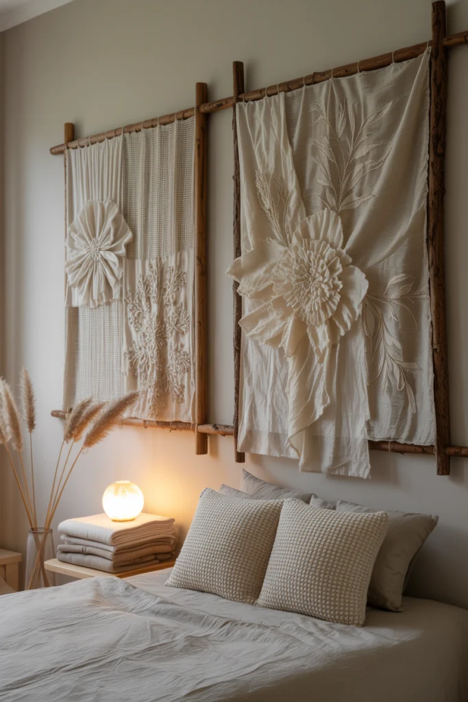 Déco murale douce avec cadres textiles en tête de lit pour une chambre cocooning.