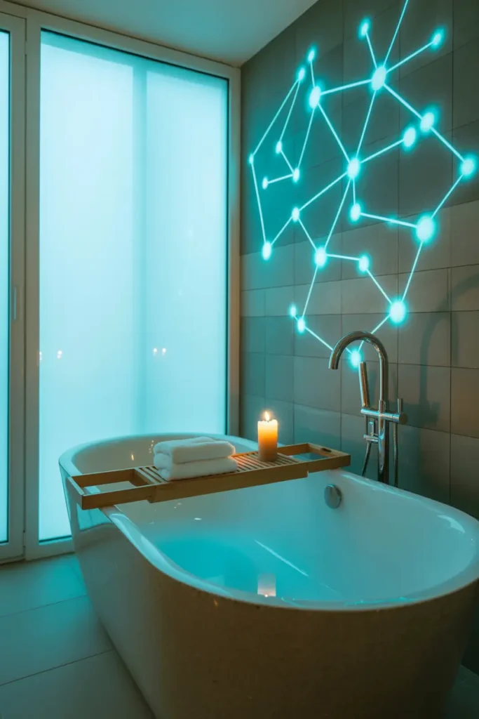 Déco murale salle de bain avec motifs géométriques phosphorescents.
