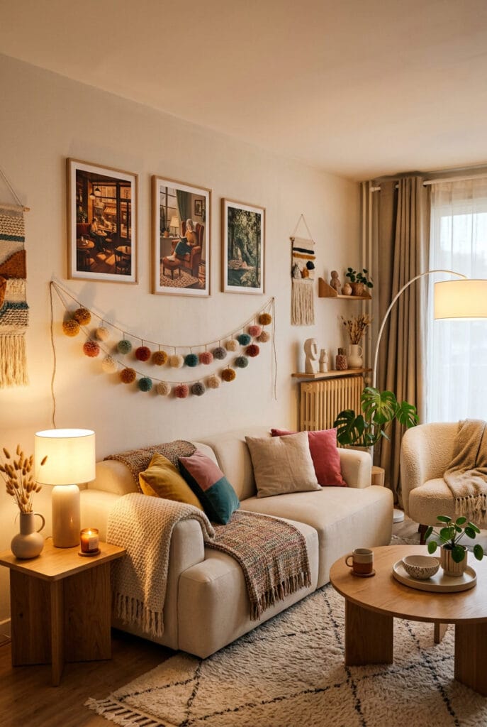 Déco murale ludique avec guirlande de pompons en laine colorés