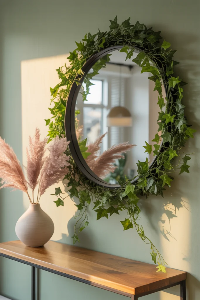 Déco murale végétale avec miroir et lianes artificielles pour une entrée naturelle.