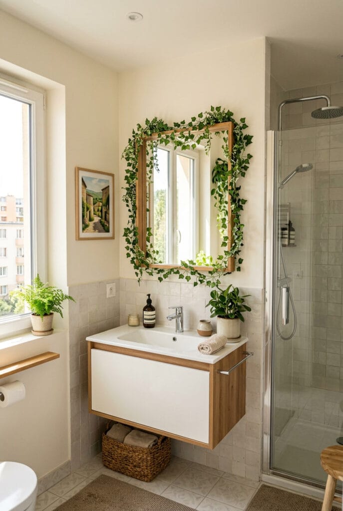 Déco murale végétale avec miroir entouré de lianes artificielles dans une entrée