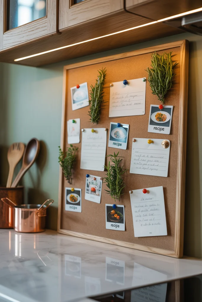 Déco murale pratique avec panneau liège organisé dans une cuisine moderne.