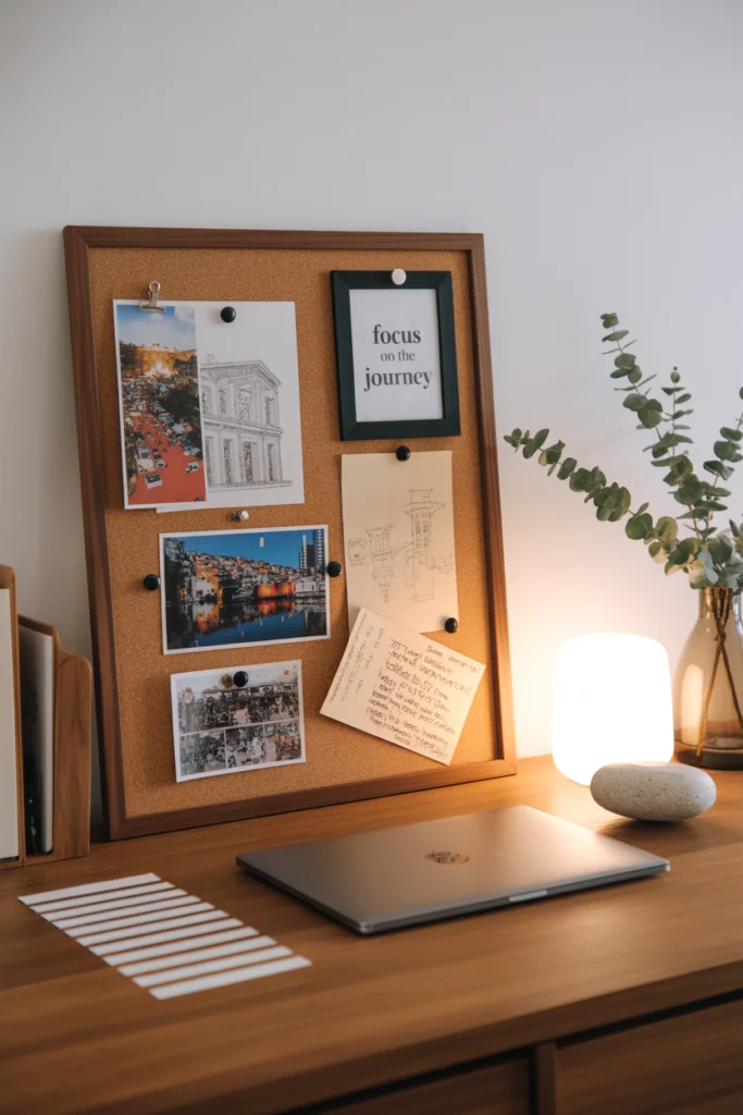 Déco murale bureau avec panneau liège design et organisation créative