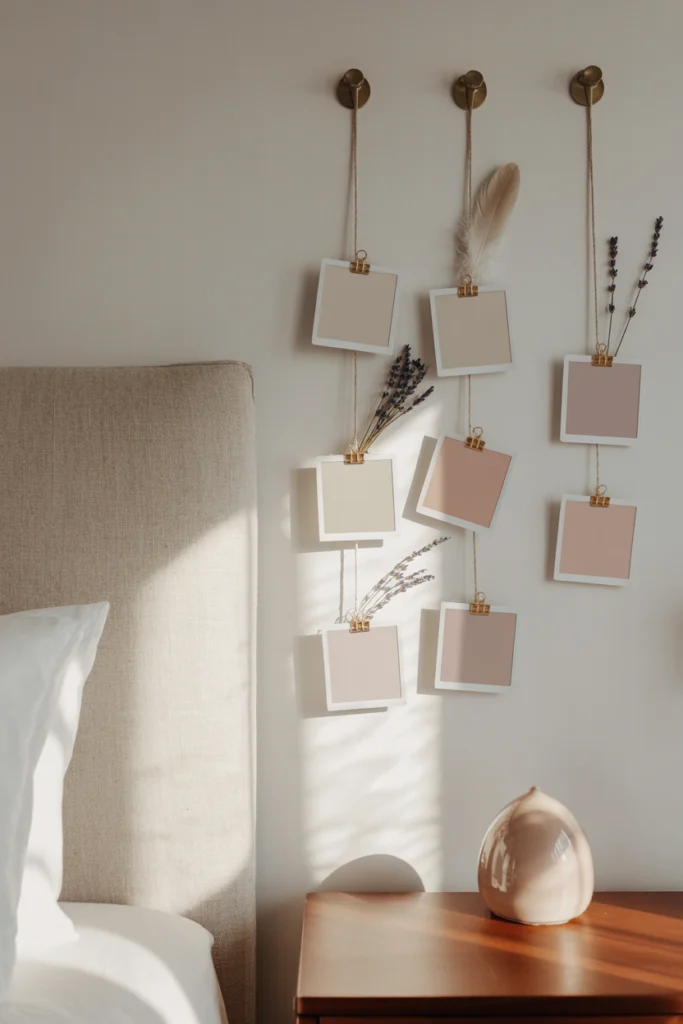 Déco murale chambre avec suspension de photos et éléments naturels sur fils tendus.