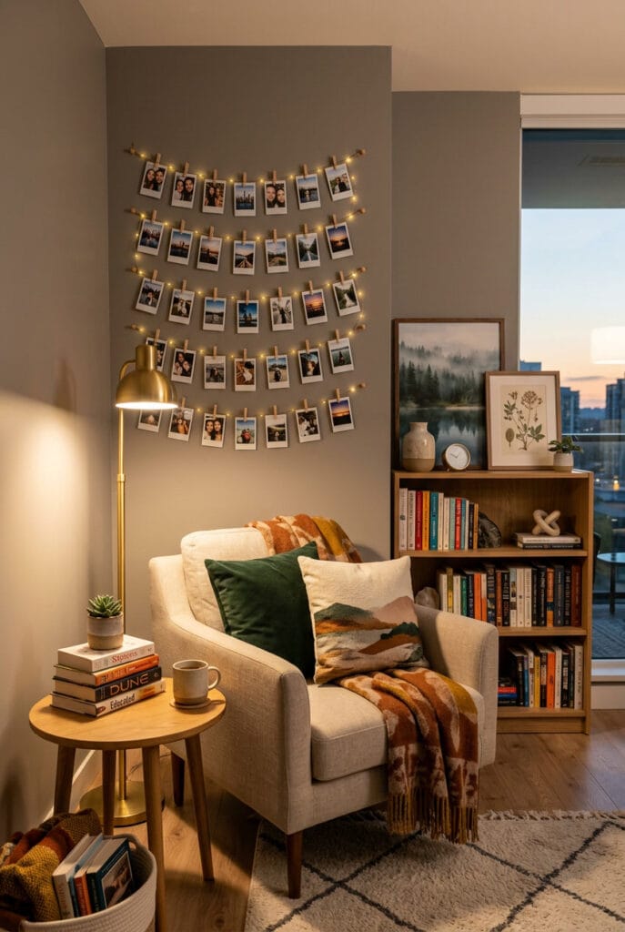 Déco murale avec fils suspendus et photos Polaroid dans un coin lecture