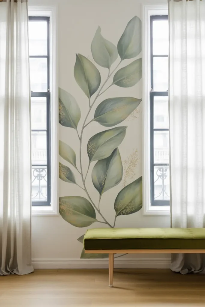 Déco murale végétale épurée entre deux fenêtres contemporaines.