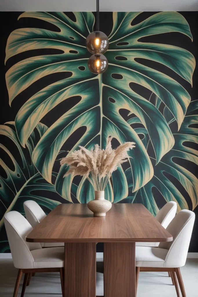 Déco murale spectaculaire avec fresque monstera dans une salle à manger.