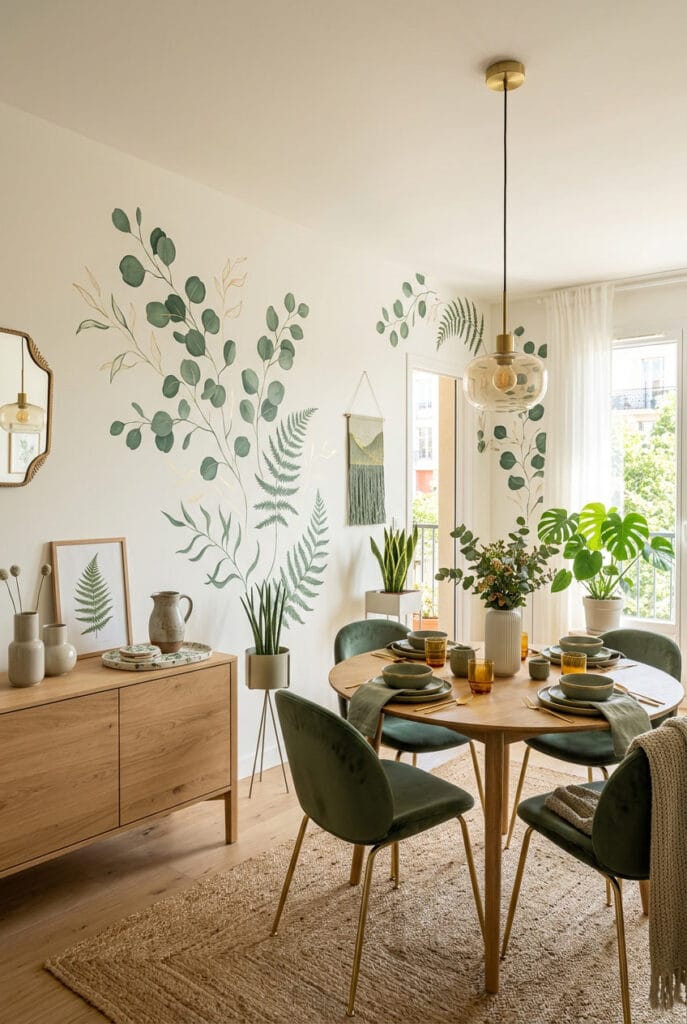 Déco murale végétale avec fresque de fougère peinte en vert forêt dans une salle à manger