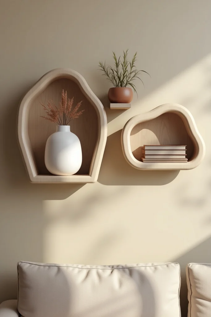 Déco murale salon avec étagères flottantes aux formes organiques.