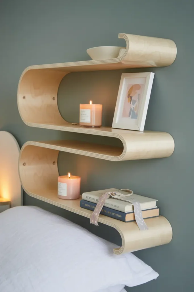 Déco murale chambre avec étagères-tête de lit ondulées.