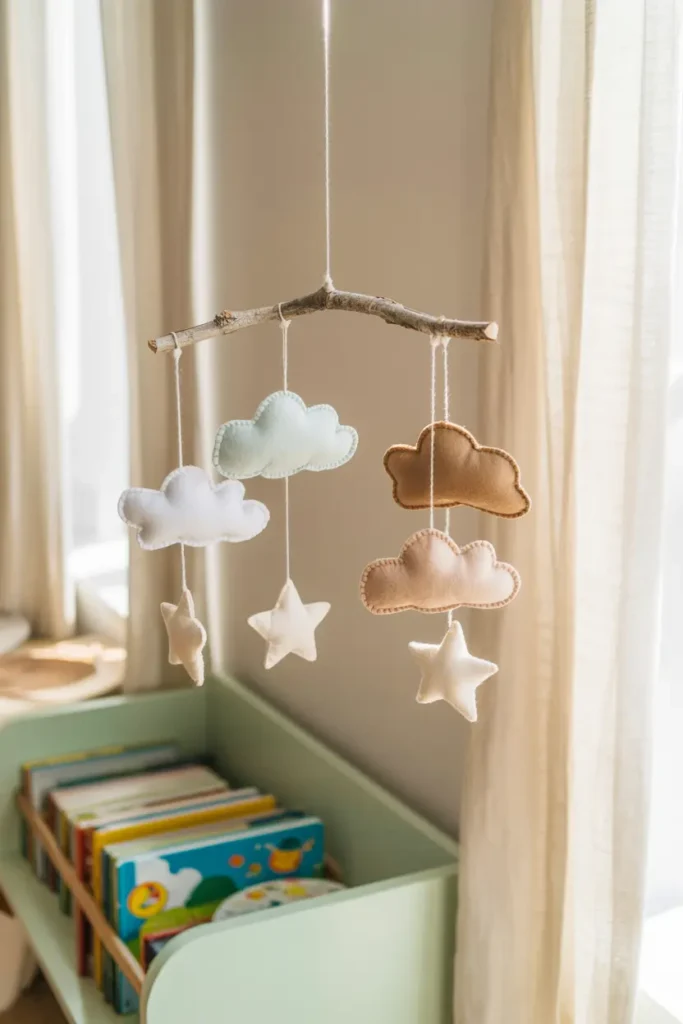 Déco murale enfant avec mobile nuages et étoiles près de la fenêtre.