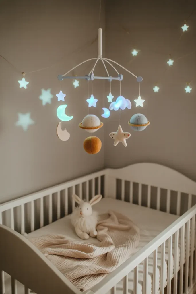 Déco murale nurserie avec mobile phosphorescent au-dessus du lit.