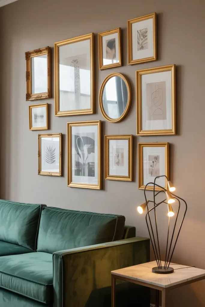 Déco murale salon avec galerie de cadres dorés derrière un canapé moderne.