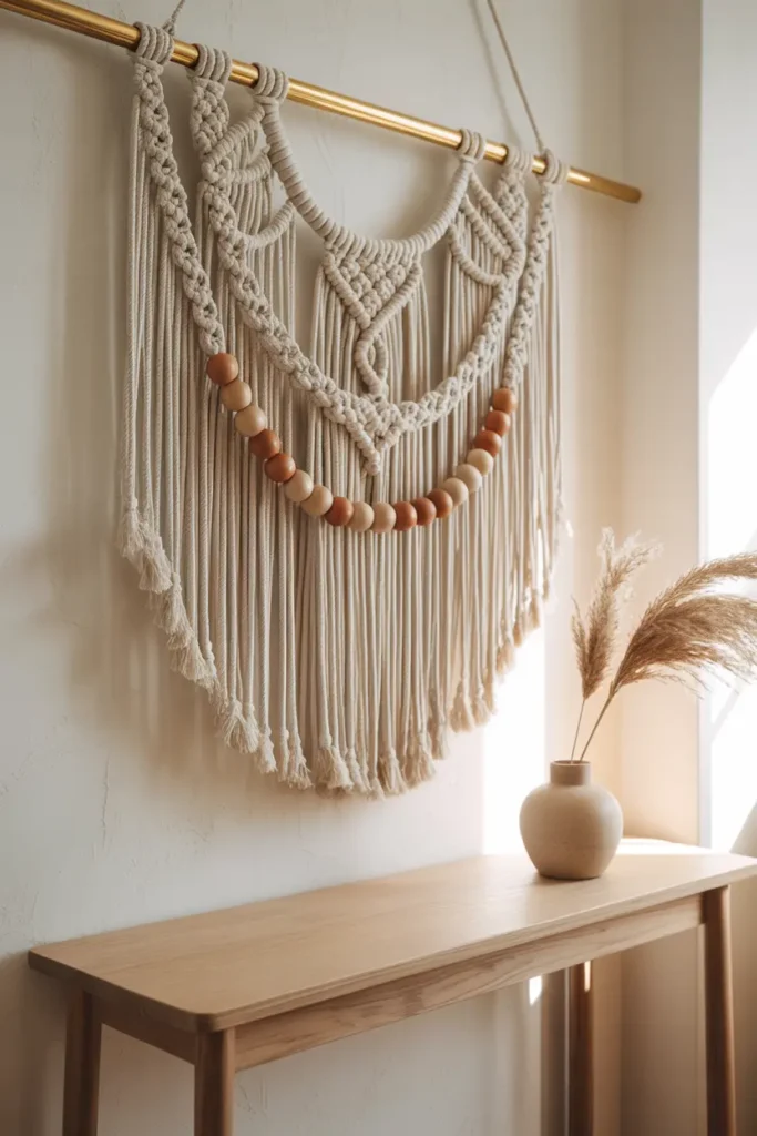Déco murale d'entrée avec suspension macramé blanche et accents en bois.