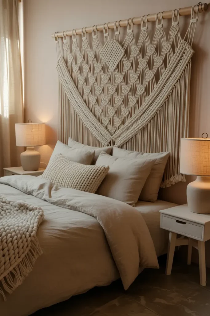 Déco murale chambre avec tête de lit macramé et ambiance cosy.